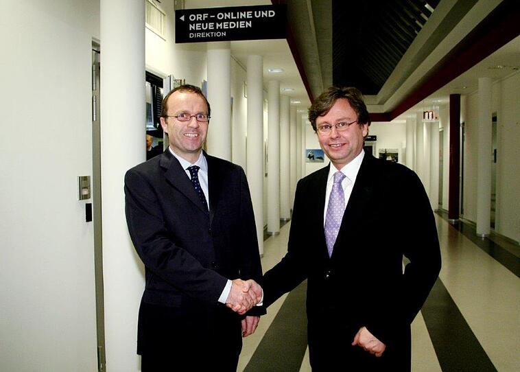 Der damals neue Generaldirektor Alexander Wrabetz (re.) mit seinem Onlinedirektor Thomas Prantner nach der Wahl 2006.